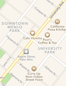 Apple Maps showing labeling downtown Palo Alto as Downtown Menlo Park.